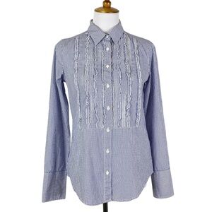 NWT J. Crew Striped Ruffle Front Button Down Shirt Sz. 4 Blue White Preppy